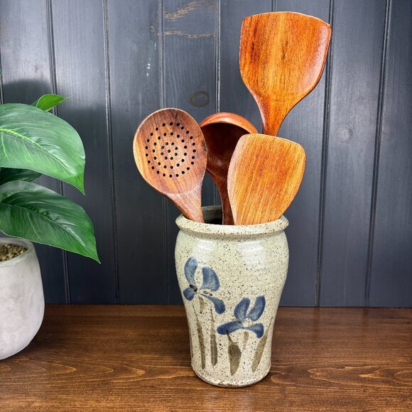Studio Pottery Vase with Hand-Painted Blue Irises Stoneware Utensil Holder - Picture 1 of 16